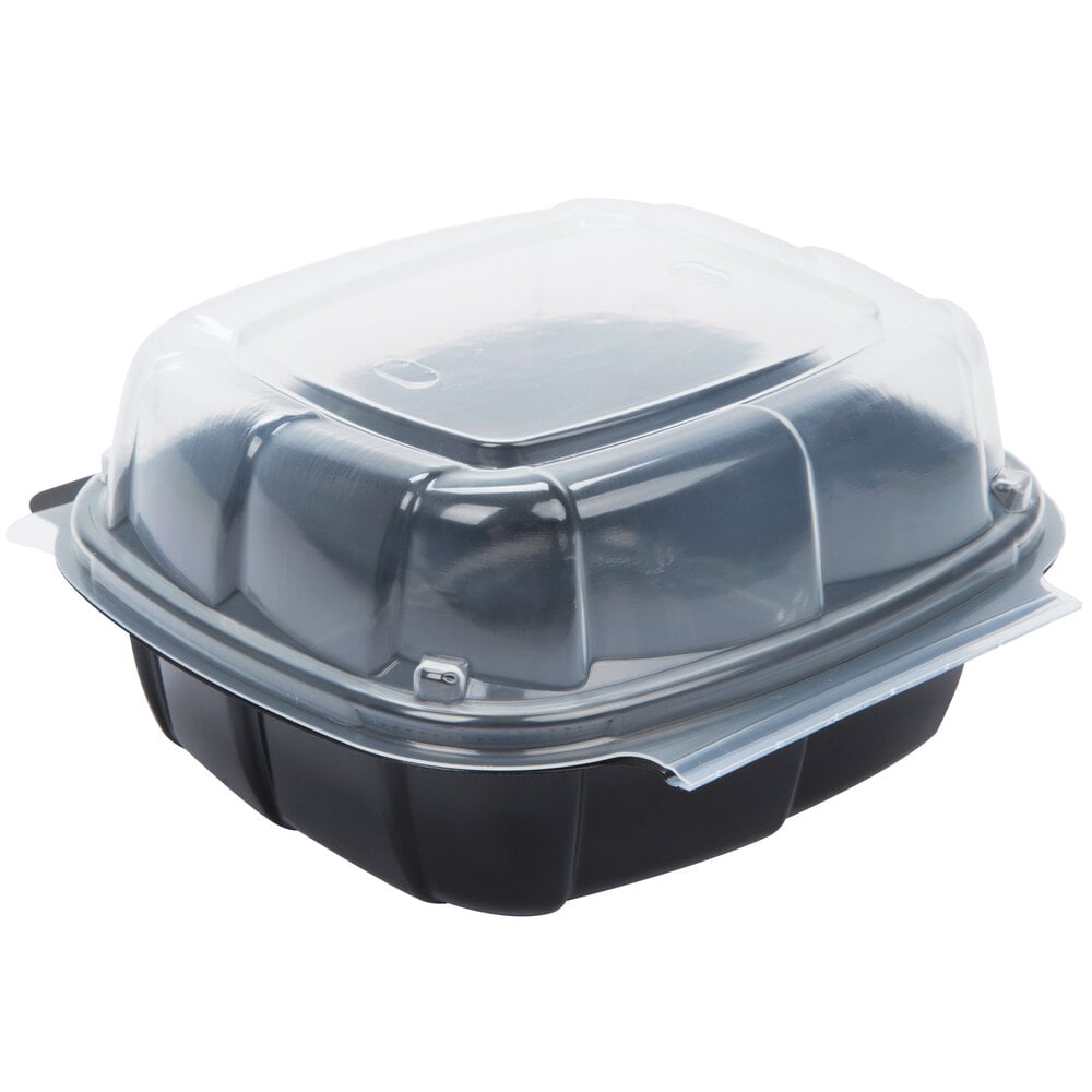 22 oz. Black 6" x 6" x 3" Square Microwaveable Plastic Hinged TakeOut