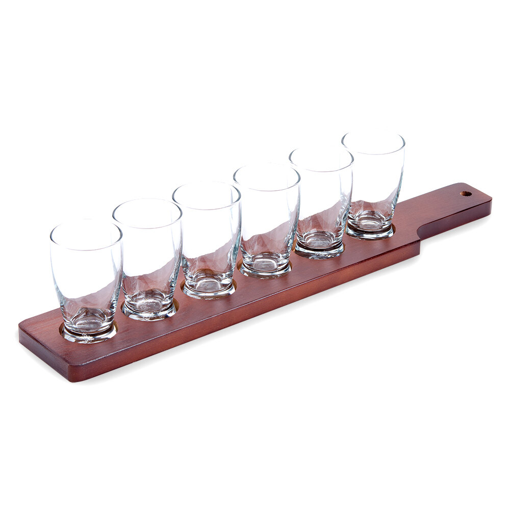  Craft Brews Beer Flight - 6 Glass Set with Red Brown Wood Paddle